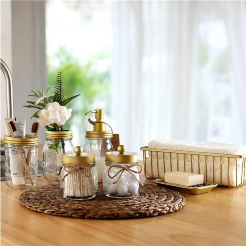 Premium Mason Jar Bathroom Accessory Set Rustic Farmhouse Decor Gold NWT
